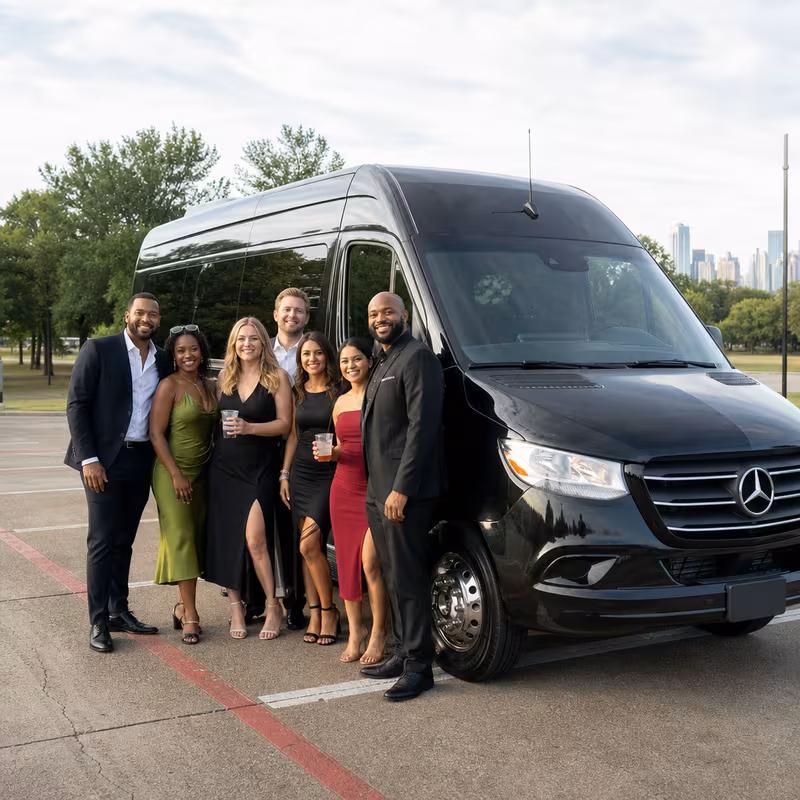 Group beside a Mercedes Sprinter limo from the Dallas fleet