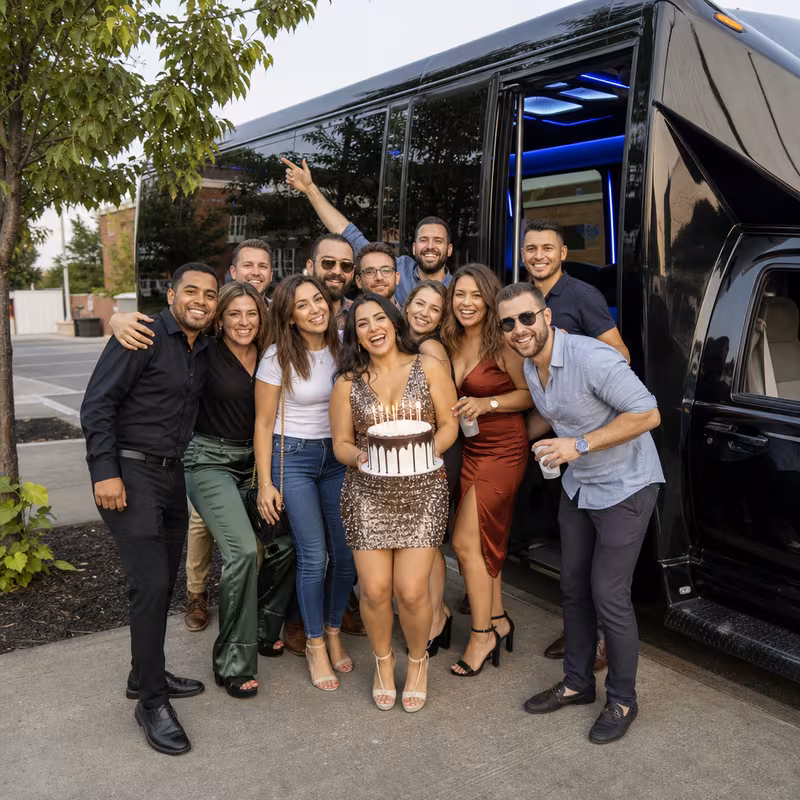 Party bus interior with wraparound leather seating and LED lighting in Dallas