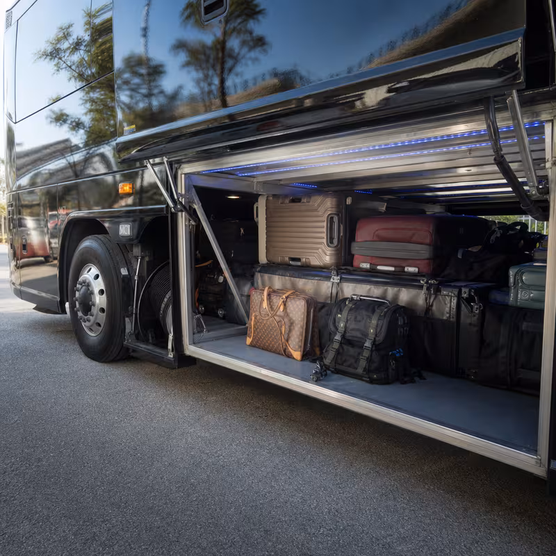 Party bus interior with wraparound leather seating and LED lighting in Dallas