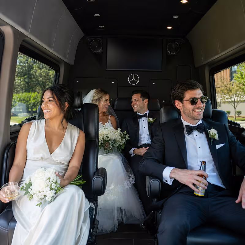 Black Mercedes Sprinter van staged for an Dallas Wedding Transportation group